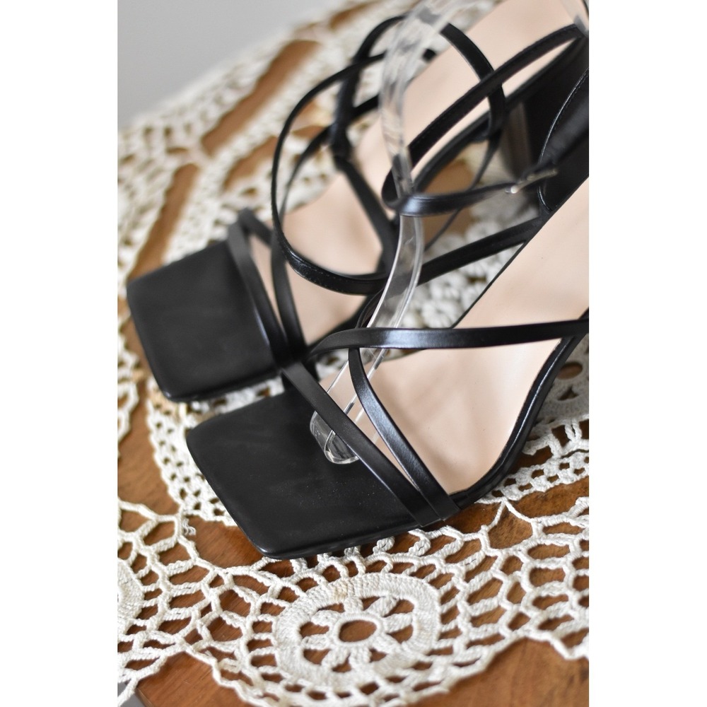 Black Strappy Square Toe Block Heel Sandals Size 40 Ankle Strap Dress Shoes - Picture 3 of 8